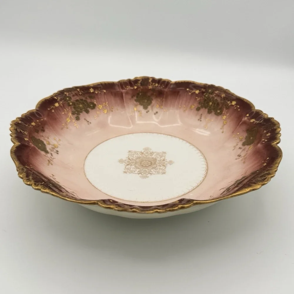 Antique Elite Limoges France Pink Gold Floral Scalloped Serving Bowl 10